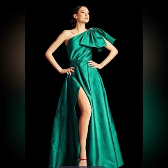 Sachin & Babi Viola Gown Green Moiré One Shoulder Dress Gown With Pockets sz 10 - Picture 2 of 16